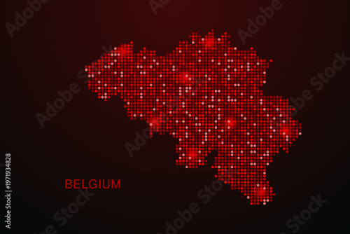 Belgium Map - Digital dotted map with glowing red points on dark background, modern technology style, abstract data network design, clean minimal vector illustration.