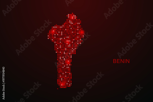 Benin Map - Digital dotted map with glowing red points on dark background, modern technology style, abstract data network design, clean minimal vector illustration.