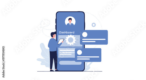 Man Interacting with Mobile Phone Interface, Dashboard Concept.