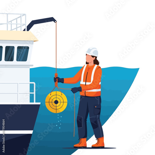 Marine worker in safety vest and hard hat lowers a circular yellow device into the water from a boat