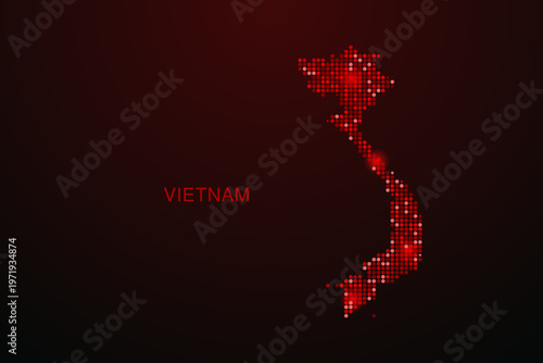 Vietnam Map - Digital dotted map with glowing red points on dark background, modern technology style, abstract data network design, clean minimal vector illustration.