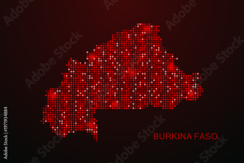 Burkina Faso Map - Digital dotted map with glowing red points on dark background, modern technology style, abstract data network design, clean minimal vector illustration.