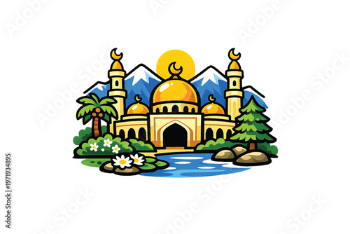A serene illustration of a mosque with a pond and mountains in the background