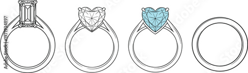 Diamond Ring Vector Set with Heart and Emerald Cut Gems for Wedding, Engagement, and Jewelry Designs