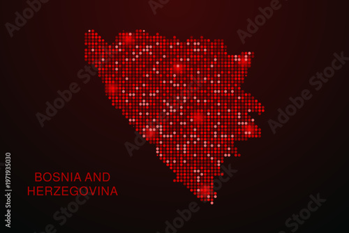 Bosnia and Herzegovina Map - Digital dotted map with glowing red points on dark background, modern technology style, abstract data network design, clean minimal vector illustration.