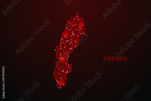 Sweden Map - Digital dotted map with glowing red points on dark background, modern technology style, abstract data network design, clean minimal vector illustration.