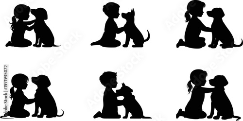 Children with dogs silhouette illustration, affectionate bond companionship concept, kids petting hugging animals, friendship love connection design, flat vector illustration