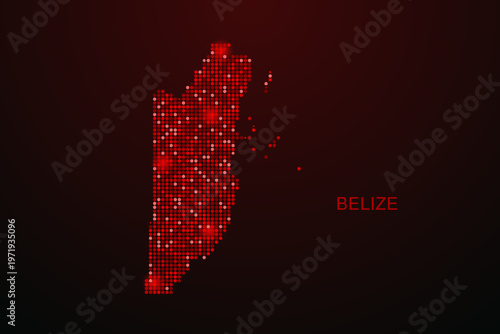 Belize Map - Digital dotted map with glowing red points on dark background, modern technology style, abstract data network design, clean minimal vector illustration.