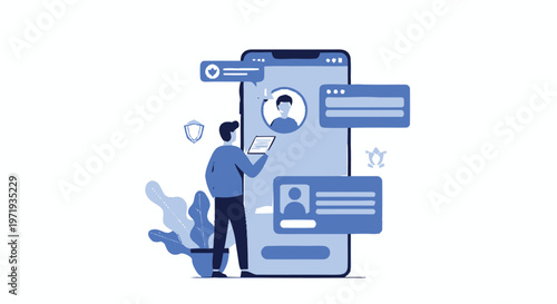 Man Interacting with Mobile Phone Interface, Digital Technology Concept.