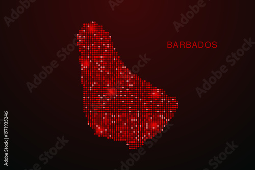 Barbados Map - Digital dotted map with glowing red points on dark background, modern technology style, abstract data network design, clean minimal vector illustration.