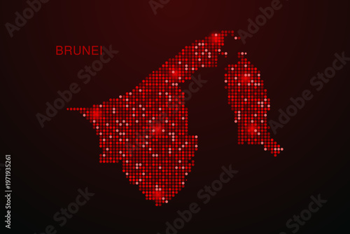 Brunei Map - Digital dotted map with glowing red points on dark background, modern technology style, abstract data network design, clean minimal vector illustration.