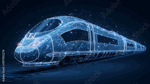 Train silhouette rendered in a glowing wireframe mesh represents high-speed rail transportation and future smart transit infrastructure in a dark digital space.