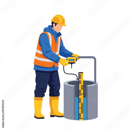 Professional worker in protective gear measuring groundwater levels in a well using a digital water level meter for hydrogeological assessment and environmental monitoring