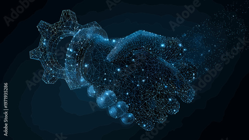 Handshake composed of intricate metallic gear structures and radiant blue light points highlights the intersection of manual craftsmanship and digital automation.