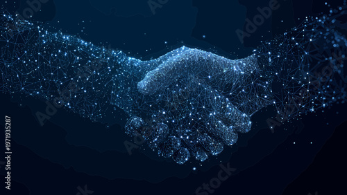 Handshake constructed from luminous particles and interconnected web lines symbolizes global digital partnership and seamless corporate connectivity in deep space.