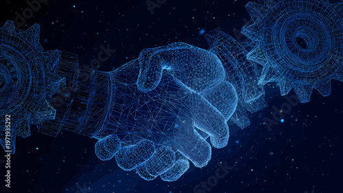 Handshake forms a digital network of glowing gear wheels representing industrial collaboration and modern technological synergy in a dark blue environment.