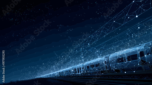 Train glides through a dark landscape composed of glowing digital network lines and shimmering blue light particles.