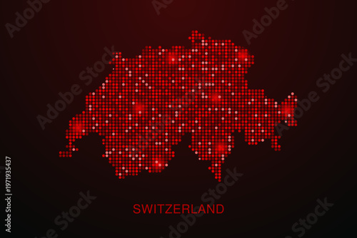 Switzerland Map - Digital dotted map with glowing red points on dark background, modern technology style, abstract data network design, clean minimal vector illustration.