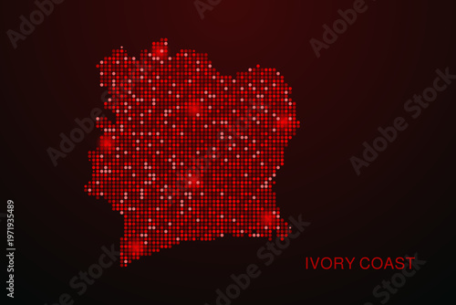 Ivory Coast Map - Digital dotted map with glowing red points on dark background, modern technology style, abstract data network design, clean minimal vector illustration.