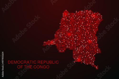 Democratic Republic of the Congo Map - Digital dotted map with glowing red points on dark background, modern technology style, abstract data network design, clean minimal vector illustration.