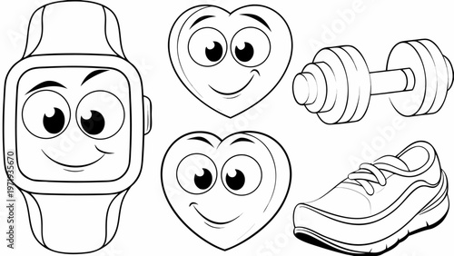 Vector icons of smartwatch heart rate and fitness tracker on white background