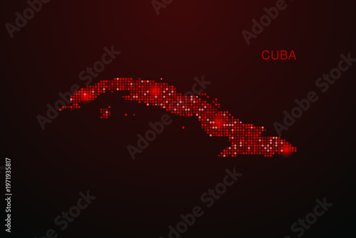 Cuba Map - Digital dotted map with glowing red points on dark background, modern technology style, abstract data network design, clean minimal vector illustration.