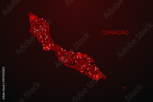 curacao Map - Digital dotted map with glowing red points on dark background, modern technology style, abstract data network design, clean minimal vector illustration.