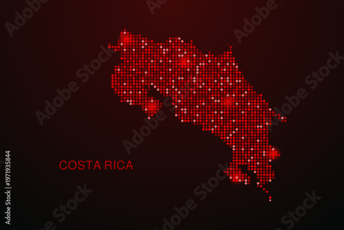 Costa Rica Map - Digital dotted map with glowing red points on dark background, modern technology style, abstract data network design, clean minimal vector illustration.