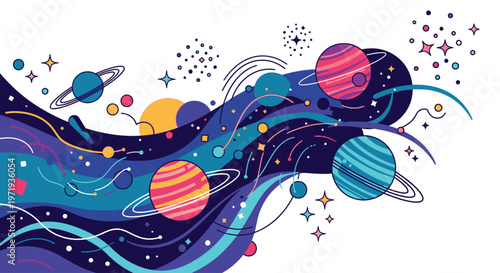 Vibrant illustration of planets, stars, and galaxies in a swirling, abstract space scene with colorful, wavy lines and shapes on a white background.