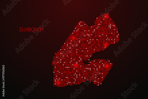 Djibouti Map - Digital dotted map with glowing red points on dark background, modern technology style, abstract data network design, clean minimal vector illustration.