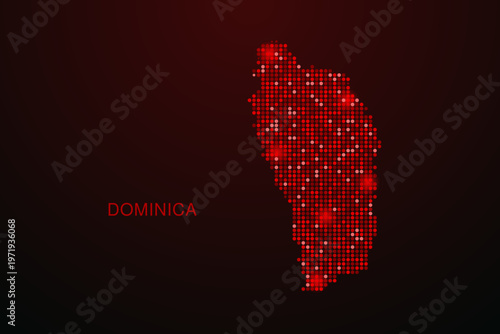 Dominica Map - Digital dotted map with glowing red points on dark background, modern technology style, abstract data network design, clean minimal vector illustration.