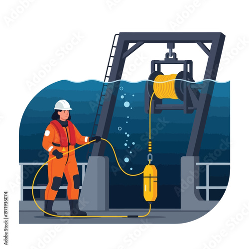 Skilled marine worker in protective gear operating a winch to deploy essential subsea equipment and a buoy from an offshore vessel, emphasizing ocean safety and industry operations