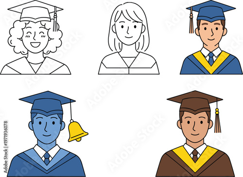 Graduation Cap and Student Vector Set with Diverse Graduates for Education, Achievement, and Celebration Designs