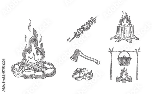 Hand drawn campfire cooking axe and woodpile camping