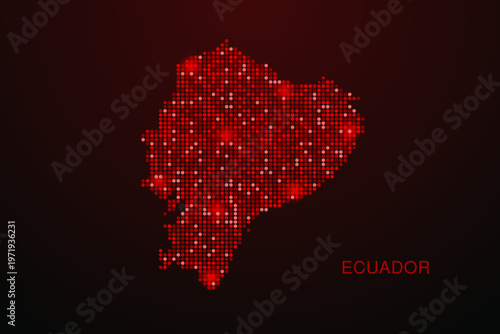 Ecuador Map - Digital dotted map with glowing red points on dark background, modern technology style, abstract data network design, clean minimal vector illustration.
