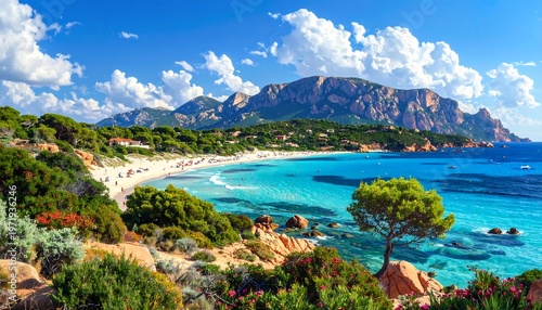 Idyllic Coastal Scenery: A Vibrant Beach Paradise with Mountains and Azure Waters