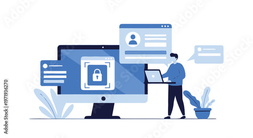 Man using laptop with security padlock.