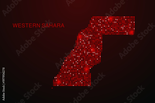 Western Sahara Map - Digital dotted map with glowing red points on dark background, modern technology style, abstract data network design, clean minimal vector illustration.