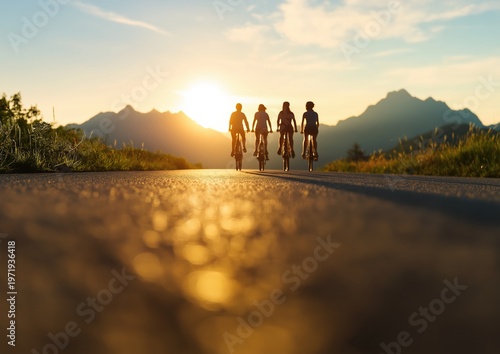 Friends enjoying a bicycle tour on a remote road at sunset, exploring the mountains and creating lasting memories