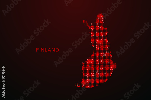 Finland Map - Digital dotted map with glowing red points on dark background, modern technology style, abstract data network design, clean minimal vector illustration.