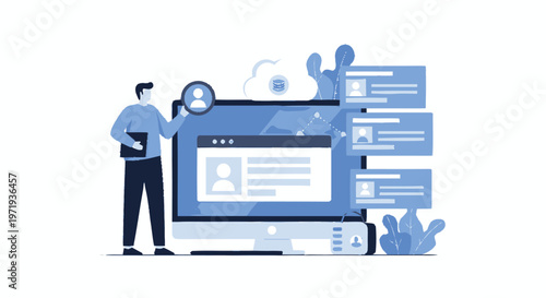 Man Analyzing Profile Data on Computer Screen with Magnifying Glass.