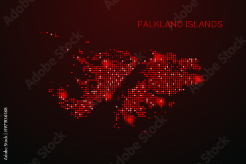 Falkland Islands Map - Digital dotted map with glowing red points on dark background, modern technology style, abstract data network design, clean minimal vector illustration.