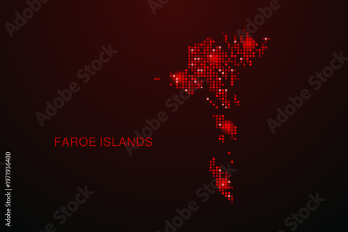 Faroe Islands Map - Digital dotted map with glowing red points on dark background, modern technology style, abstract data network design, clean minimal vector illustration.