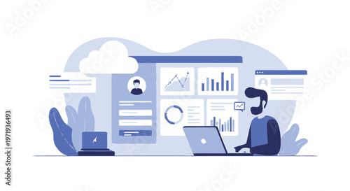 Man Analyzing Data on Multiple Screens in a Flat Design.