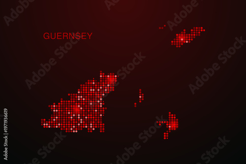 Guernsey Map - Digital dotted map with glowing red points on dark background, modern technology style, abstract data network design, clean minimal vector illustration.