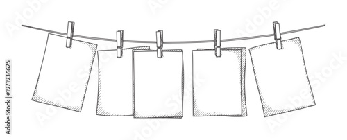 Hand drawn of blank papers hanging a clothesline with clothespins handdrawn