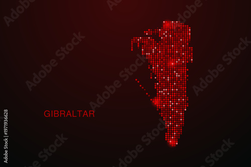 Gibraltar Map - Digital dotted map with glowing red points on dark background, modern technology style, abstract data network design, clean minimal vector illustration.