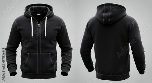 A black zip-up zipped hoodie mockup from the front and back on a neutral background the hoodie features a front pocket and drawstrings on the hood sweatshirt with hood long sleeve for print hoodie moc