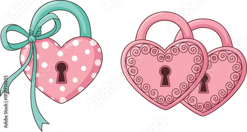 Heart-shaped Lock Vector Set with Polka Dots and Decorative Designs for Love, Romance, and Valentine’s Day Illustrations