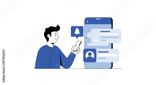 Illustration of a man using a smartphone with social media notifications.